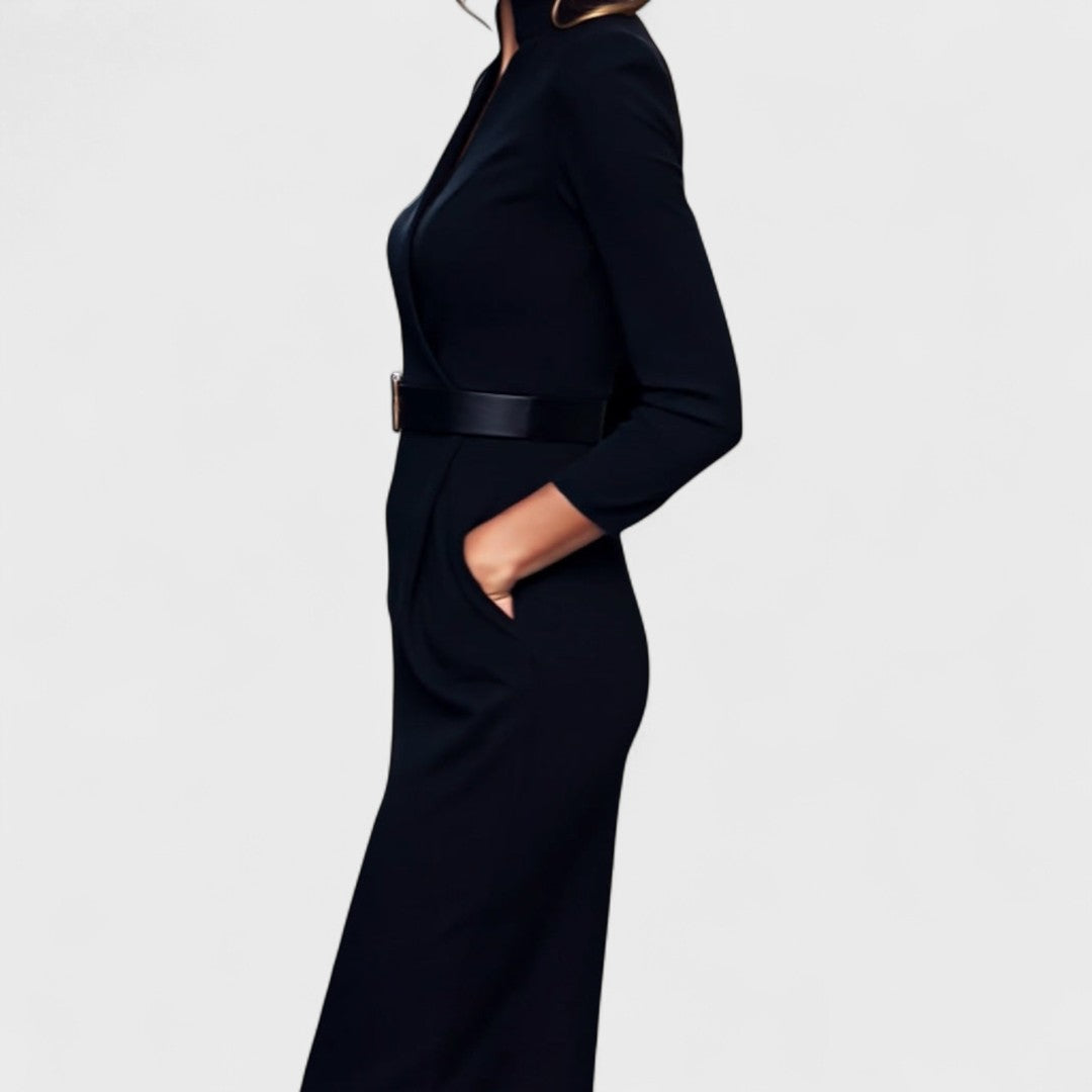 Talia | Elegant Black Dress with Belt and Collar