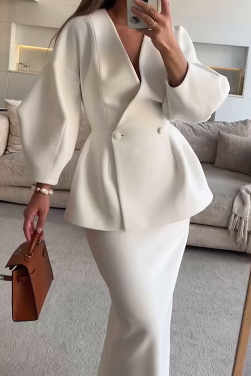 Talia | Elegant Buttons V-Neck Long Sleeve Two-Piece Set