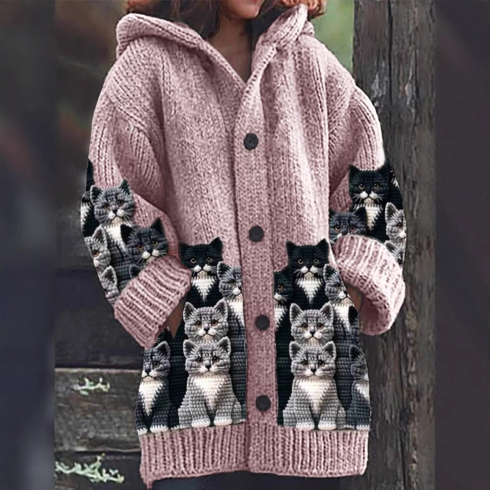 Talia | Cozy Knit Cat Print Cardigan
