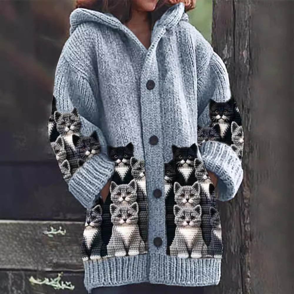Talia | Cozy Knit Cat Print Cardigan