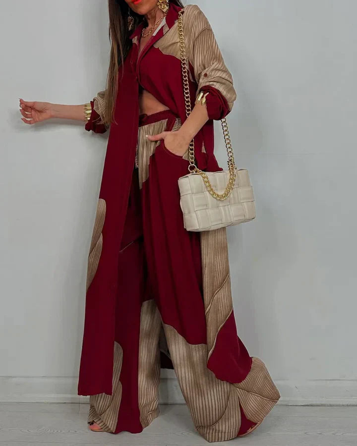 Talia | Trendy Patchwork Printed Top & Wide Leg Pants Set