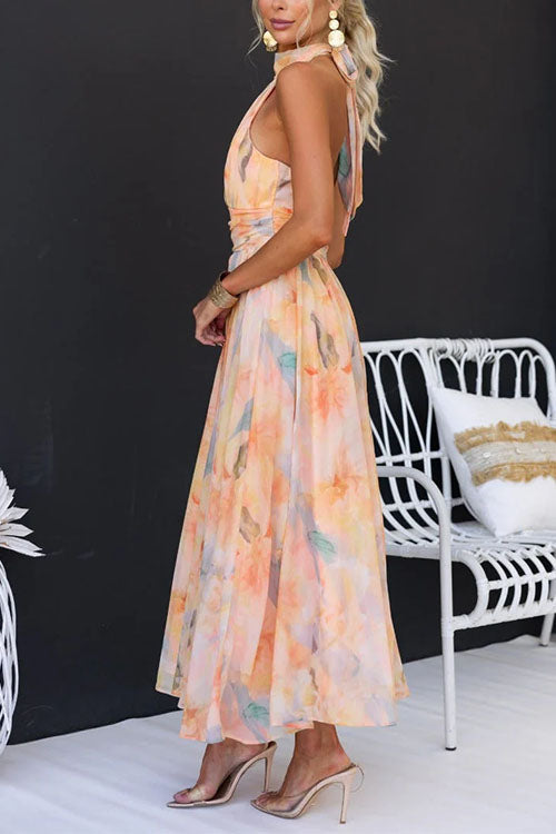 Talia | Elegant Halter Neck Watercolor Print Maxi Dress