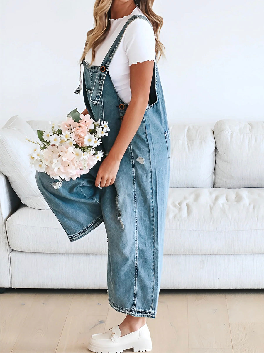 Talia | Loose Fit Denim Dungarees in Distressed Look