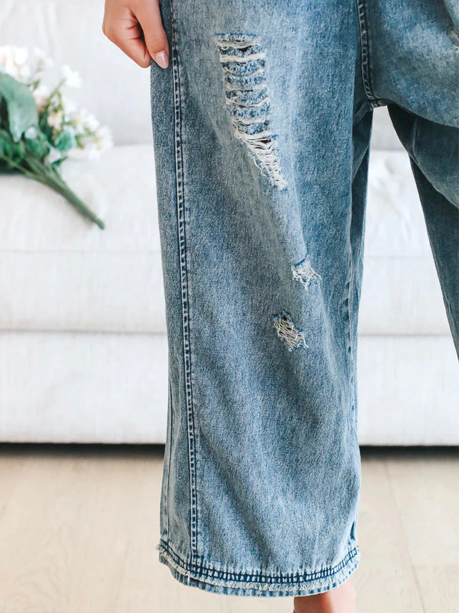 Talia | Loose Fit Denim Dungarees in Distressed Look