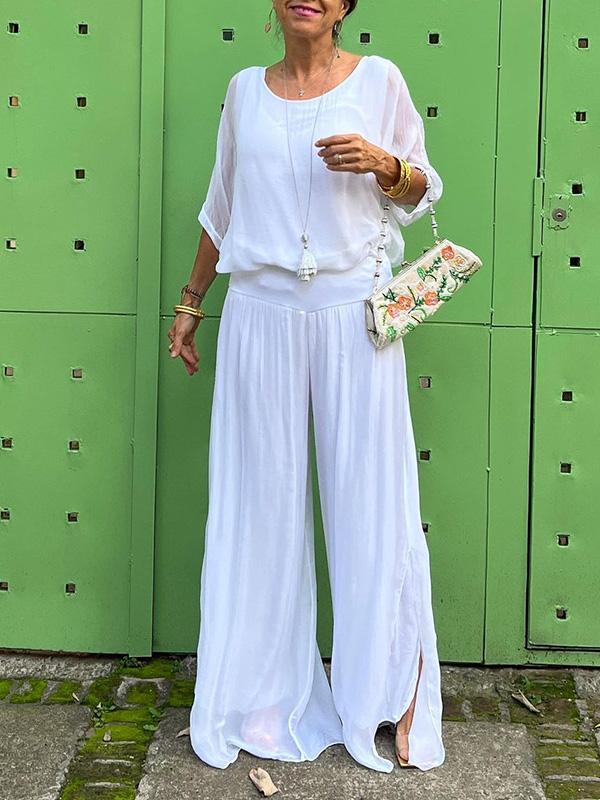 Talia | Elegant Chiffon Wide-Leg Pants Two-Piece Set