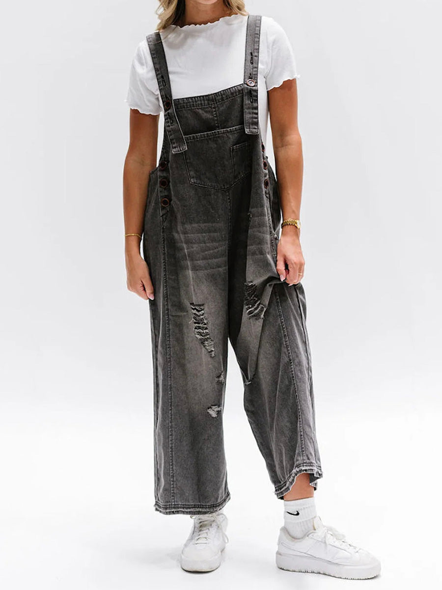 Talia | Loose Fit Denim Dungarees in Distressed Look