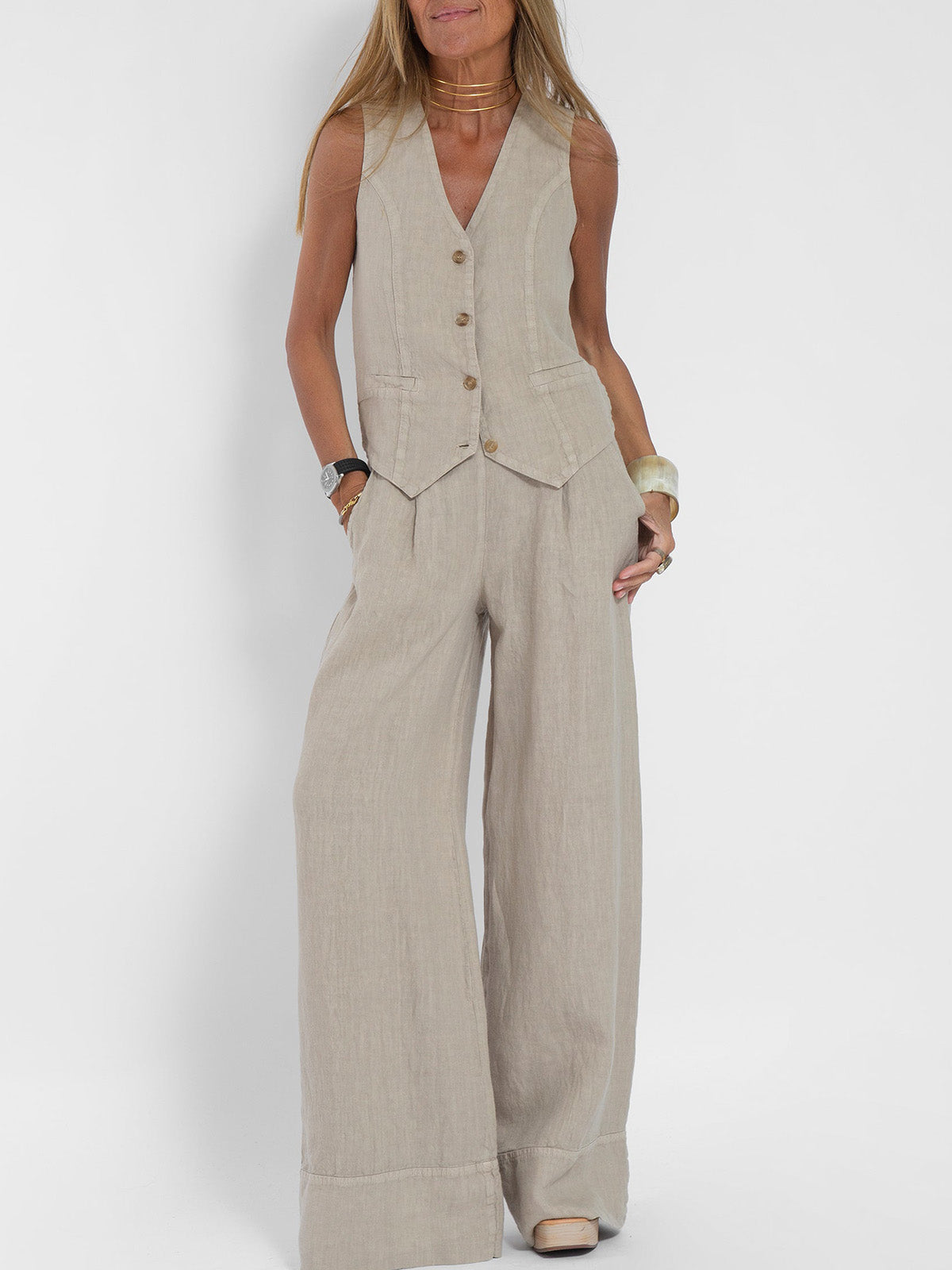 Talia | Buttoned Vest & Wide-Leg Trousers Set
