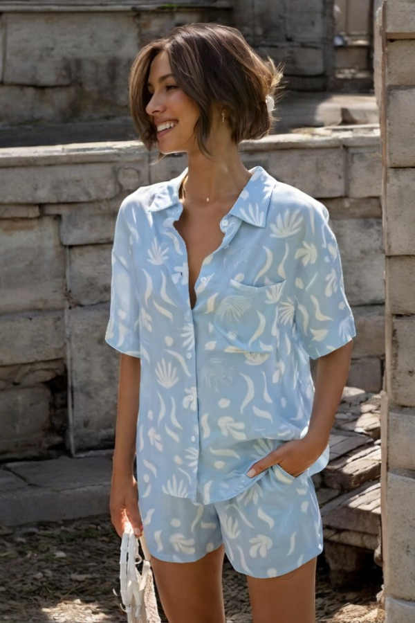 Talia | Trendy Turn Down Collar Shirt and Short Set
