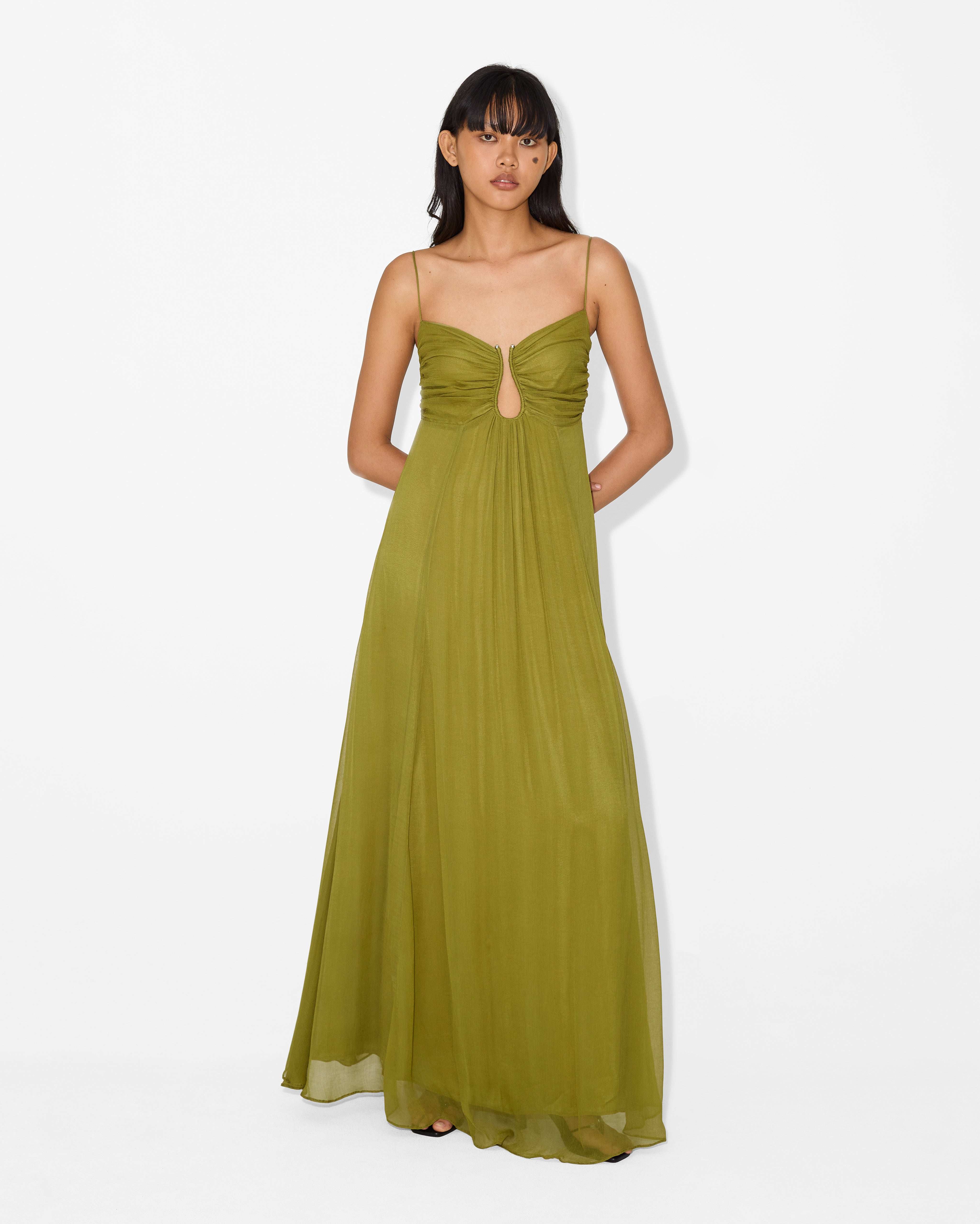 Talia | Sun-Washed Olive Ruched Maxi Dress