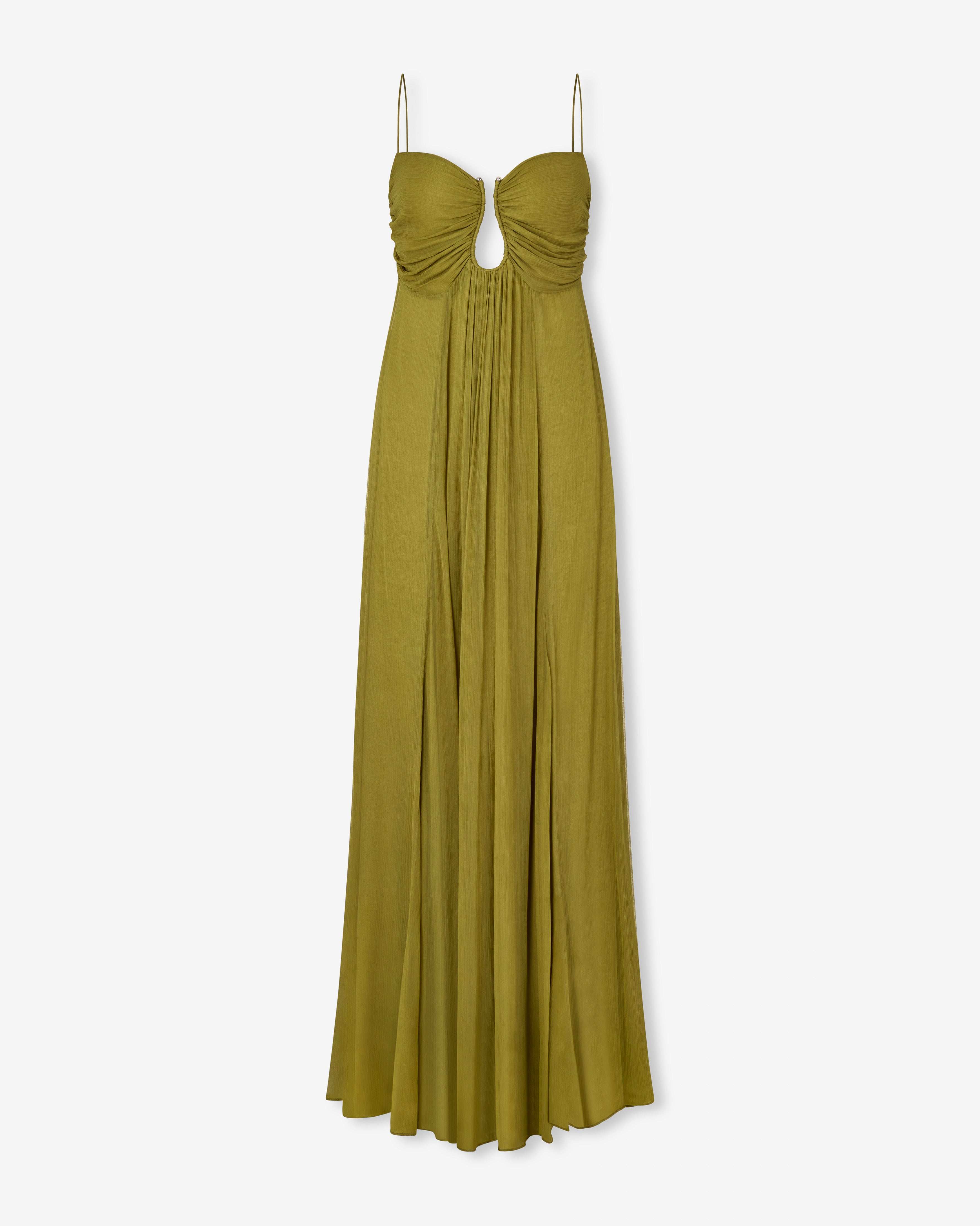 Talia | Sun-Washed Olive Ruched Maxi Dress