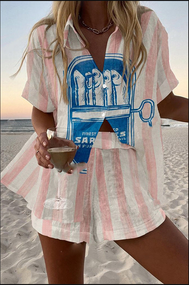 Talia | Short Linen Set with Sardine Print