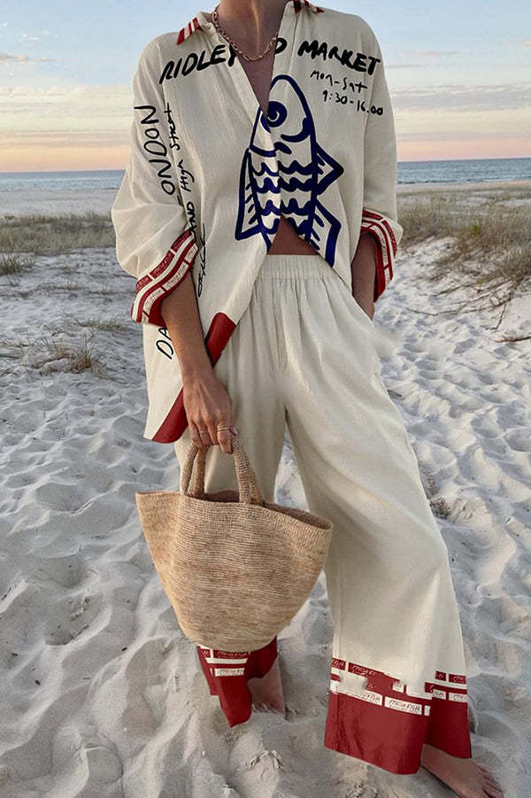 Talia | Linen Set with Blue Fish Print