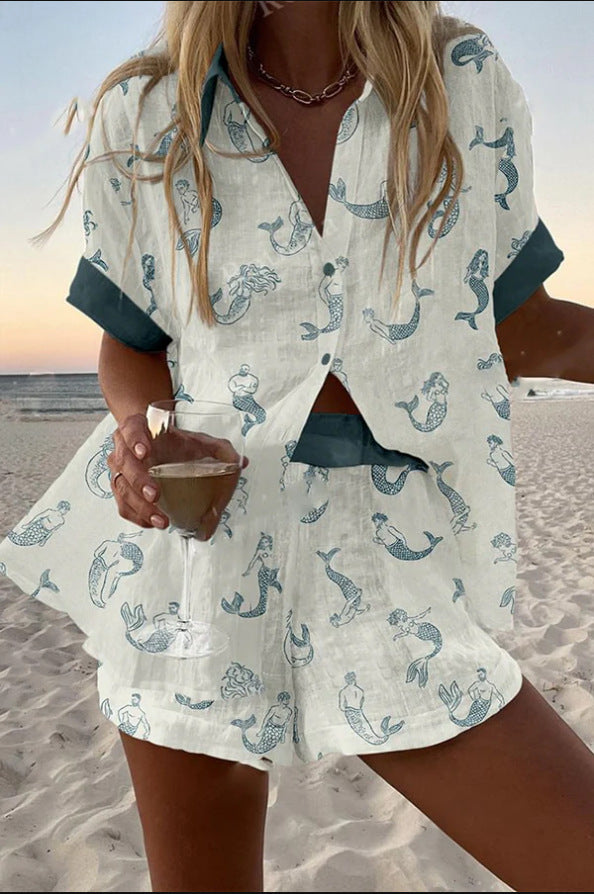 Talia | Short Linen Set with Mermaid Print