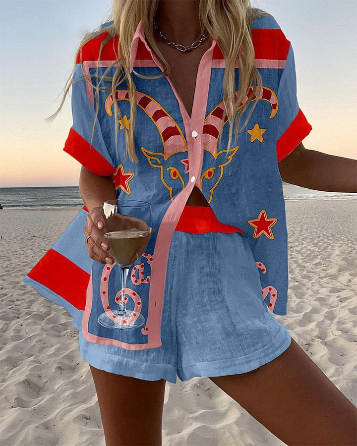 Talia | Short Linen Set with Goat Print