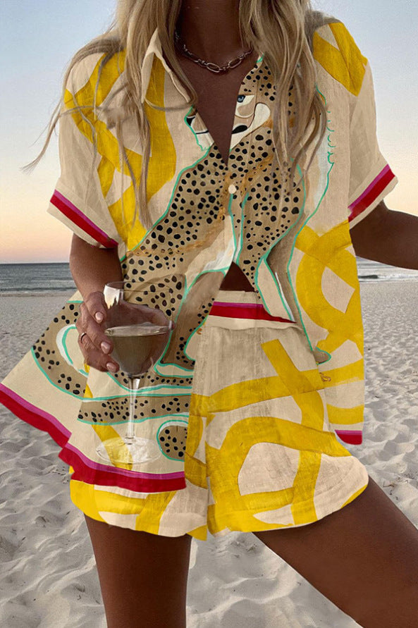 Talia | Short Linen Set with Cheetah Print