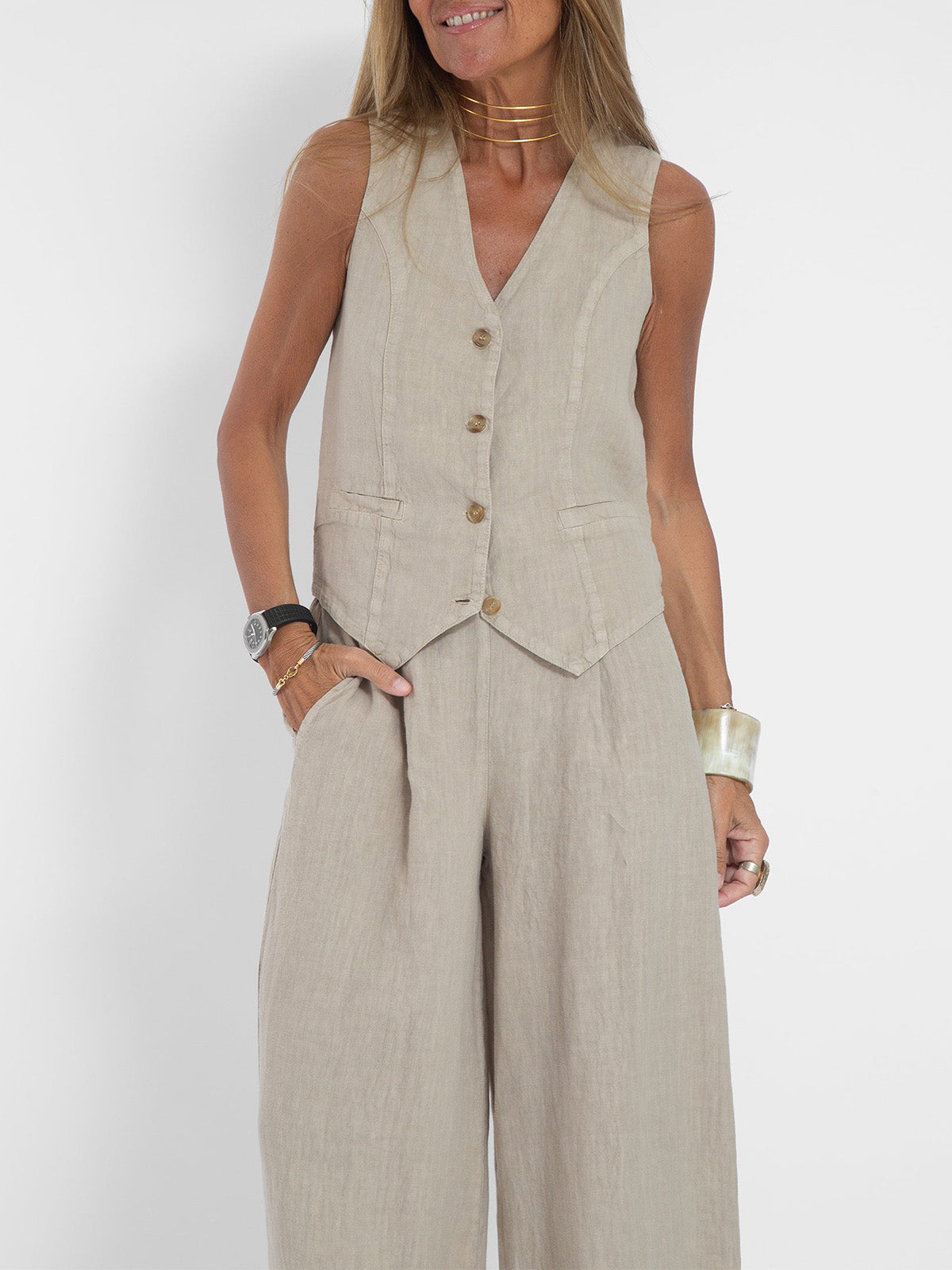 Talia | Buttoned Vest & Wide-Leg Trousers Set