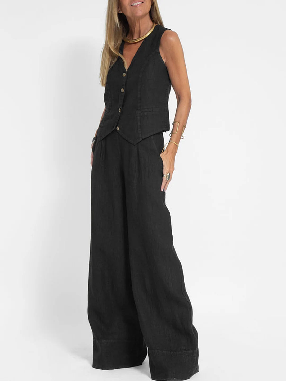 Talia | Buttoned Vest & Wide-Leg Trousers Set