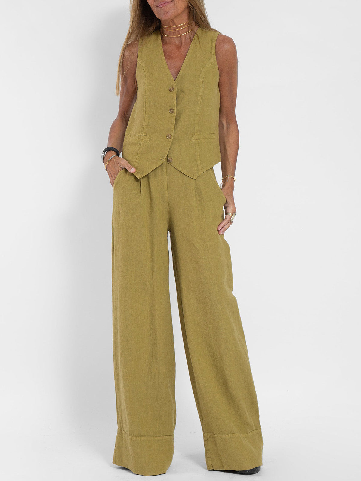 Talia | Buttoned Vest & Wide-Leg Trousers Set