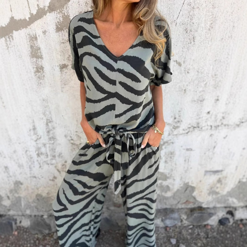 Talia | Zebra Print V-Neck Top and Pants