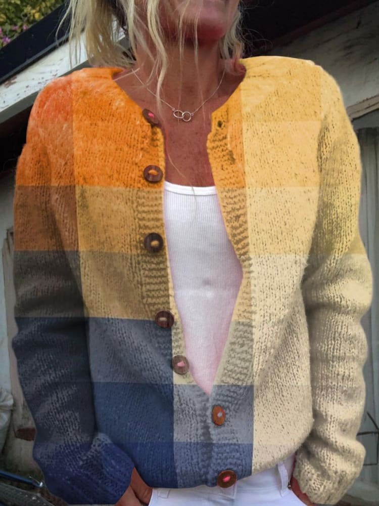 Talia | Vintage Orange Blue Gradient Plaid Pattern Sunset Abstract Art Buttoned Cardigan Sweater