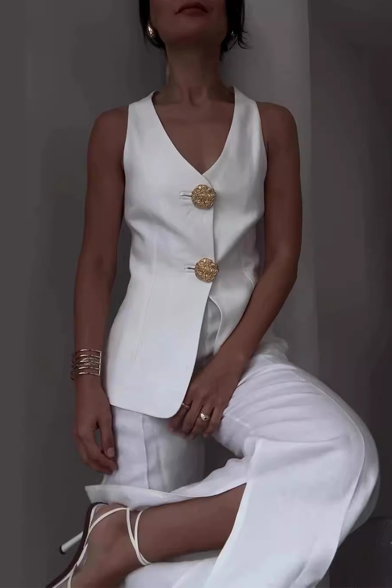 Talia | Elegant Solid Color Patchwork V-Neck Two-Piece Set