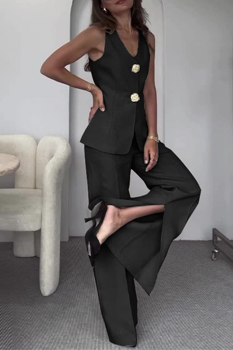 Talia | Elegant Solid Color Patchwork V-Neck Two-Piece Set