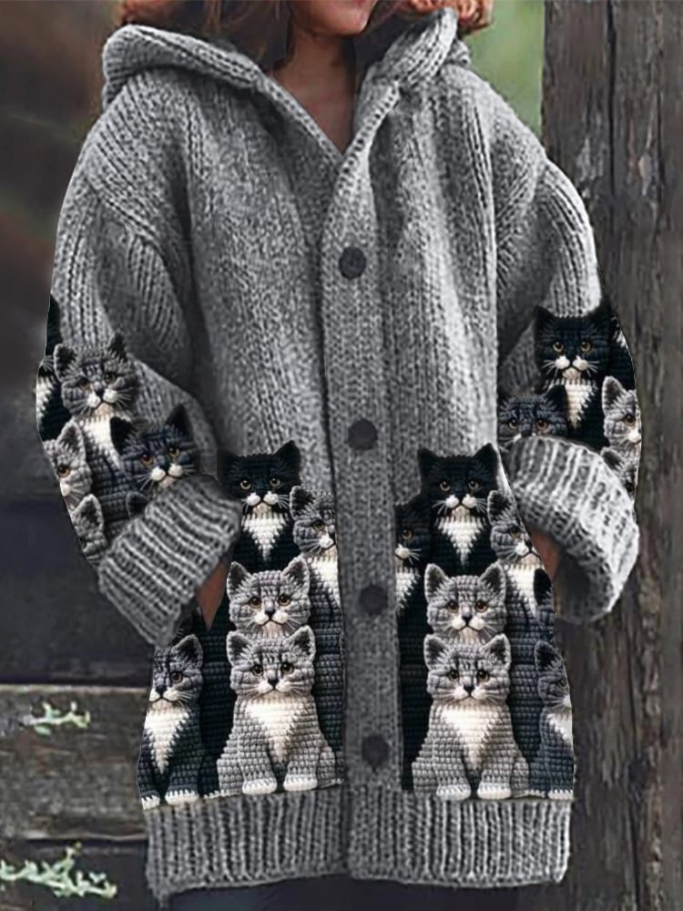 Talia | Cozy Knit Cat Print Cardigan