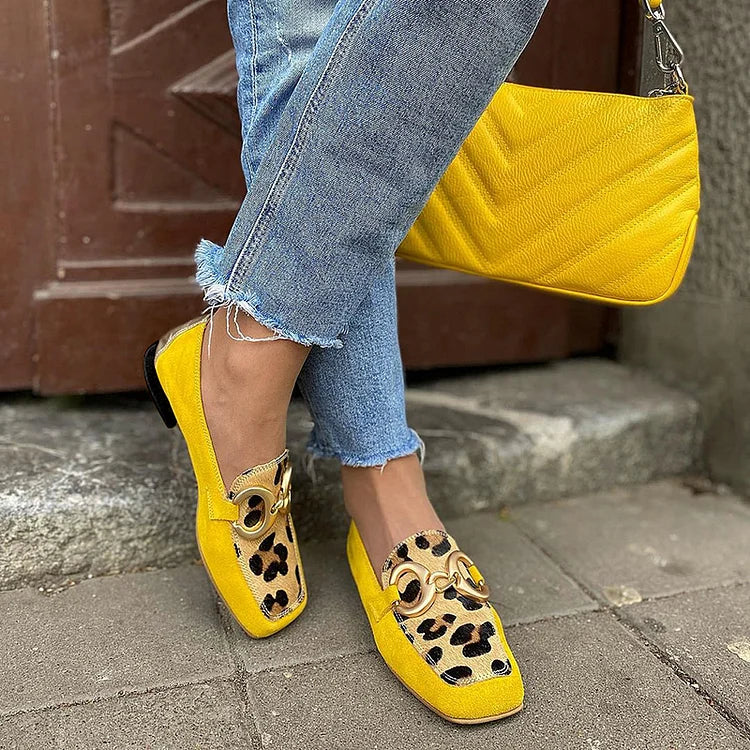Talia | Yellow Loafer with Animal Print Detail