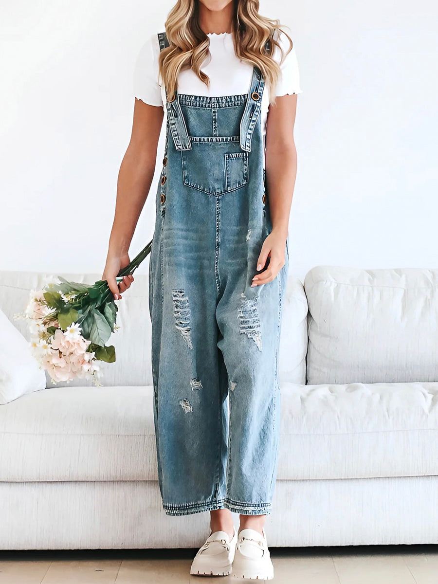 Talia | Loose Fit Denim Dungarees in Distressed Look
