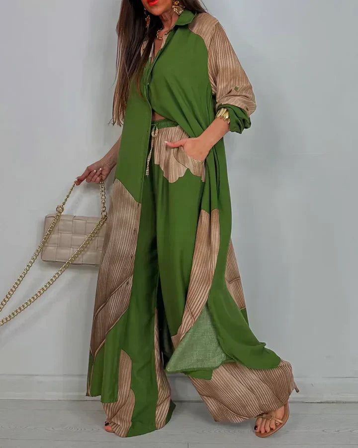 Talia | Trendy Patchwork Printed Top & Wide Leg Pants Set