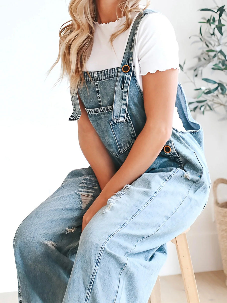 Talia | Loose Fit Denim Dungarees in Distressed Look