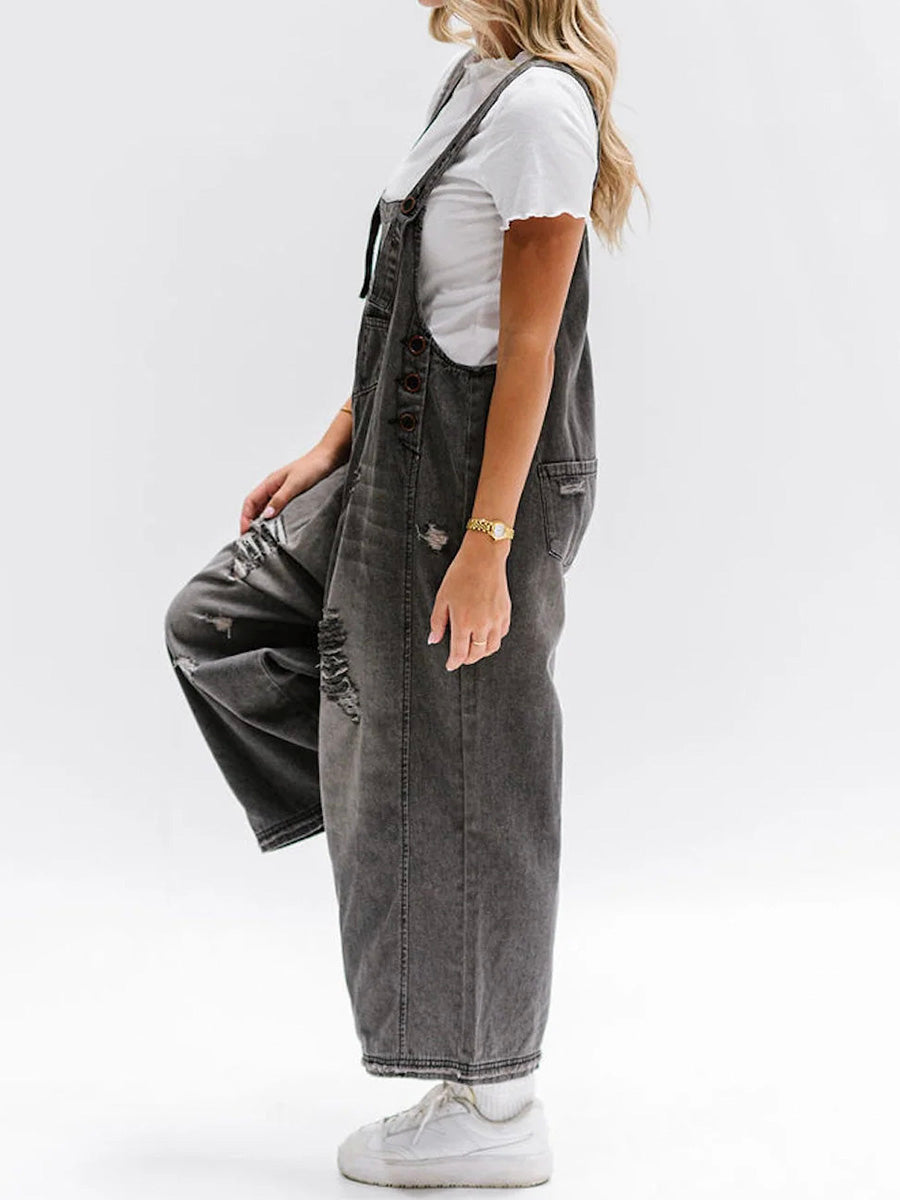 Talia | Loose Fit Denim Dungarees in Distressed Look
