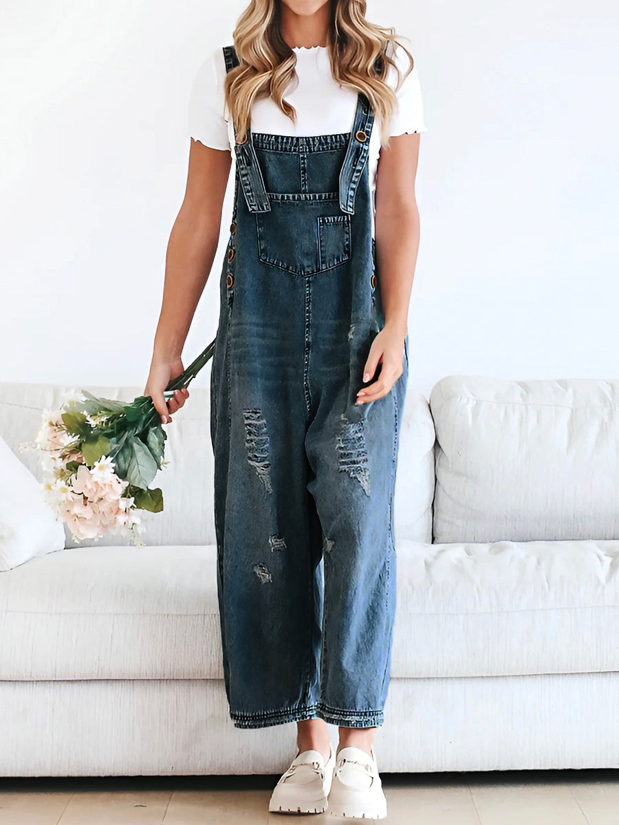 Talia | Loose Fit Denim Dungarees in Distressed Look