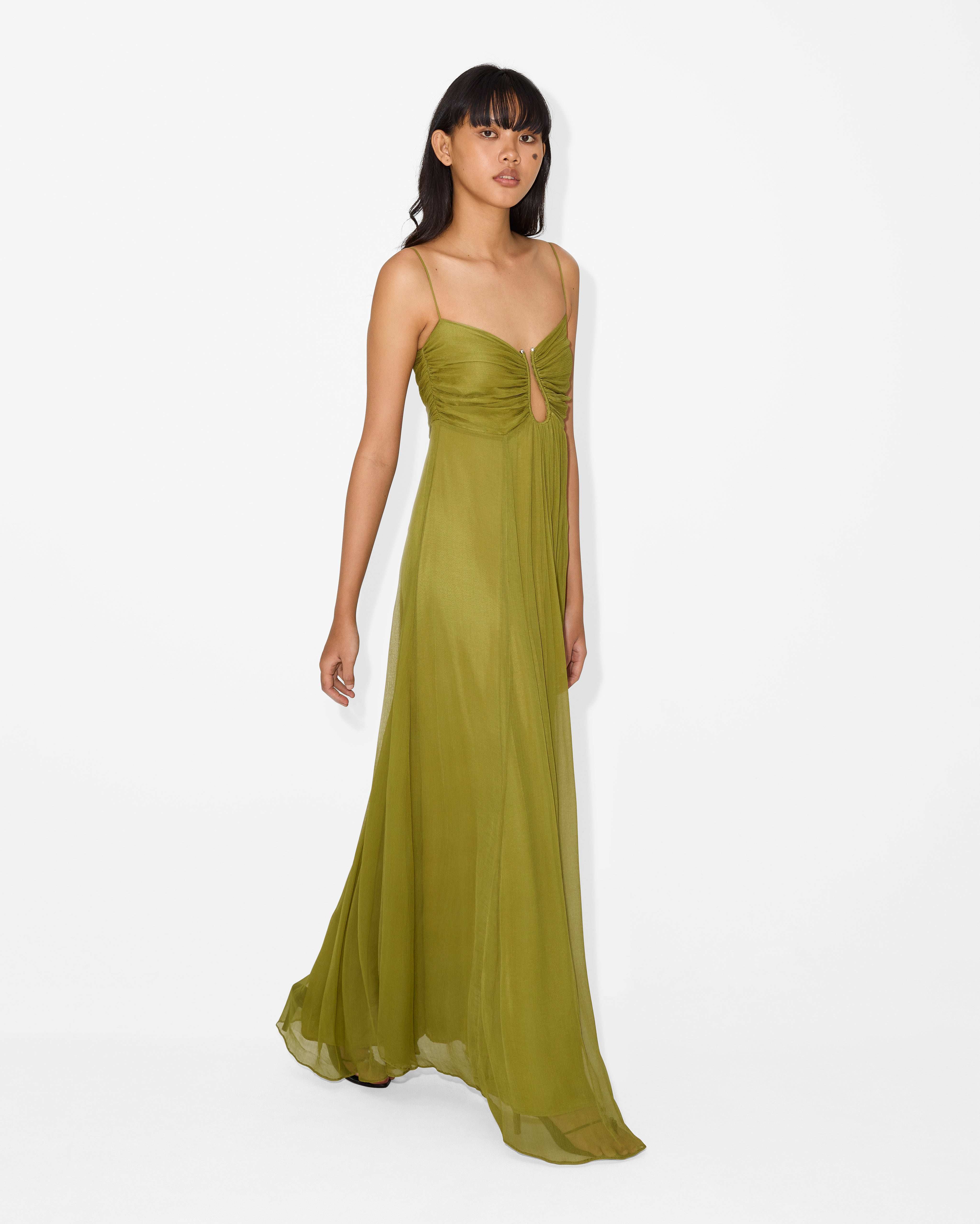 Talia | Sun-Washed Olive Ruched Maxi Dress