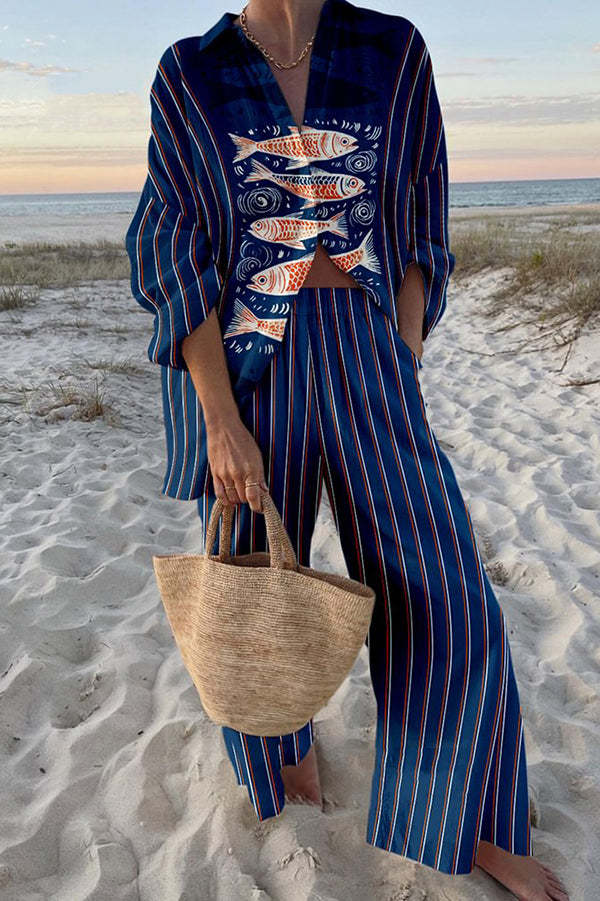 Talia | Linen Set with Blue Koi Print