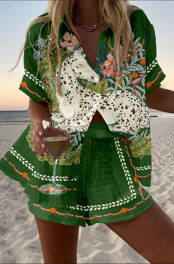 Talia | Short Linen Set with Horse Print