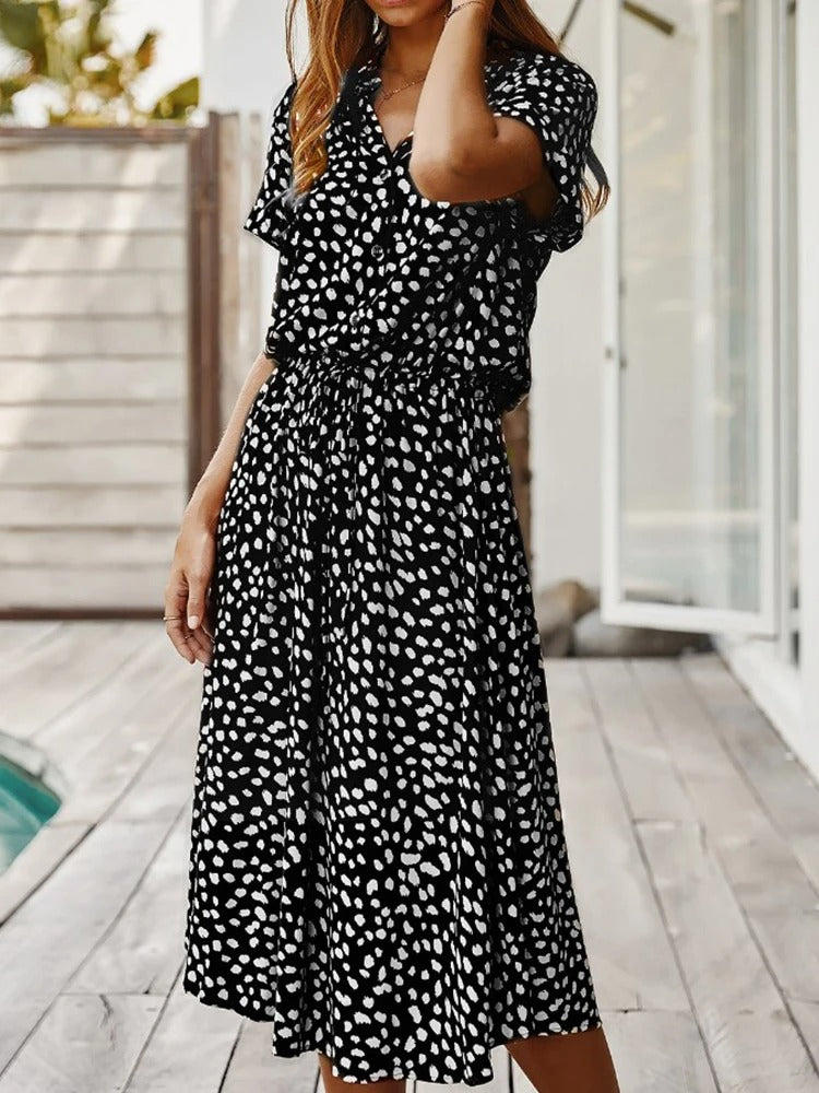 Talia | Soft-Spotted Button-Up Midi Dress
