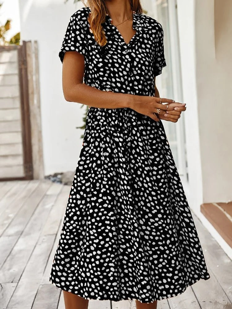 Talia | Soft-Spotted Button-Up Midi Dress