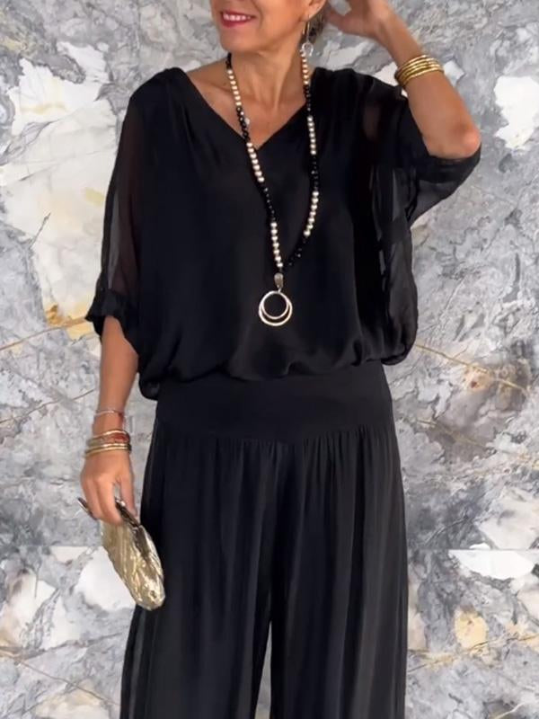 Talia | Elegant Chiffon Wide-Leg Pants Two-Piece Set