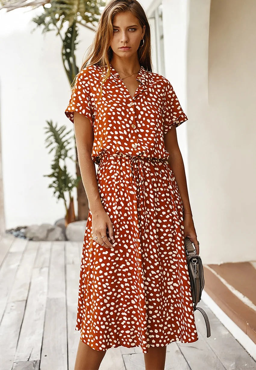 Talia | Soft-Spotted Button-Up Midi Dress