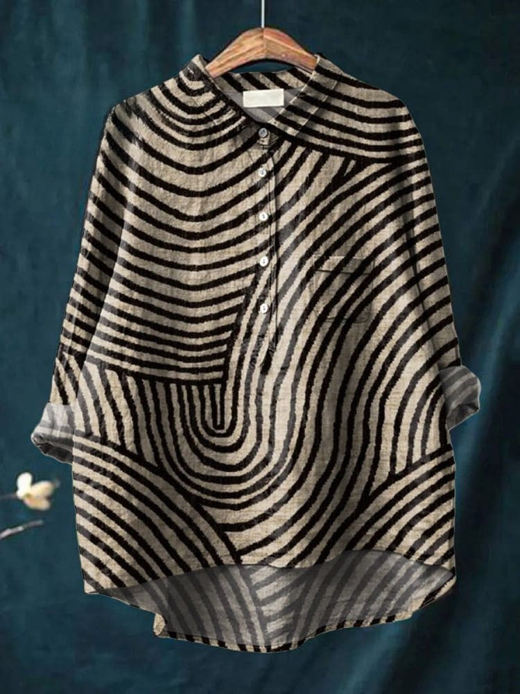 Talia | Trendy Circular Line Pattern Cotton-Linen Shirt
