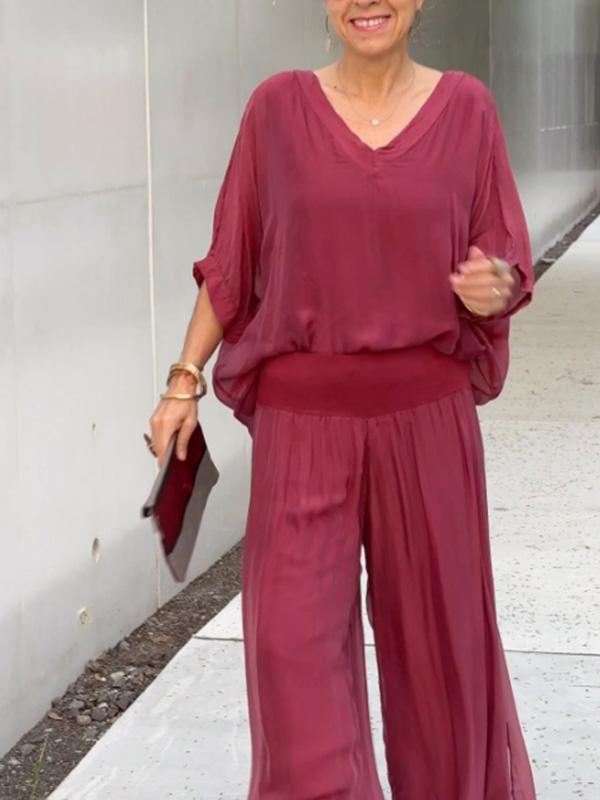 Talia | Elegant Chiffon Wide-Leg Pants Two-Piece Set